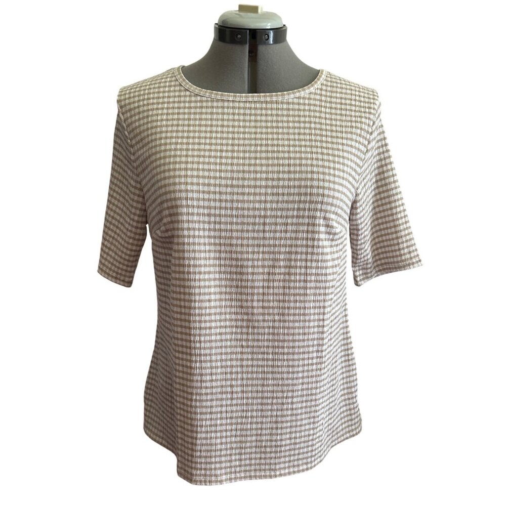 Croft & Barrow Womens M Short Sleeve Top Tan & White Striped Stretch Fabric